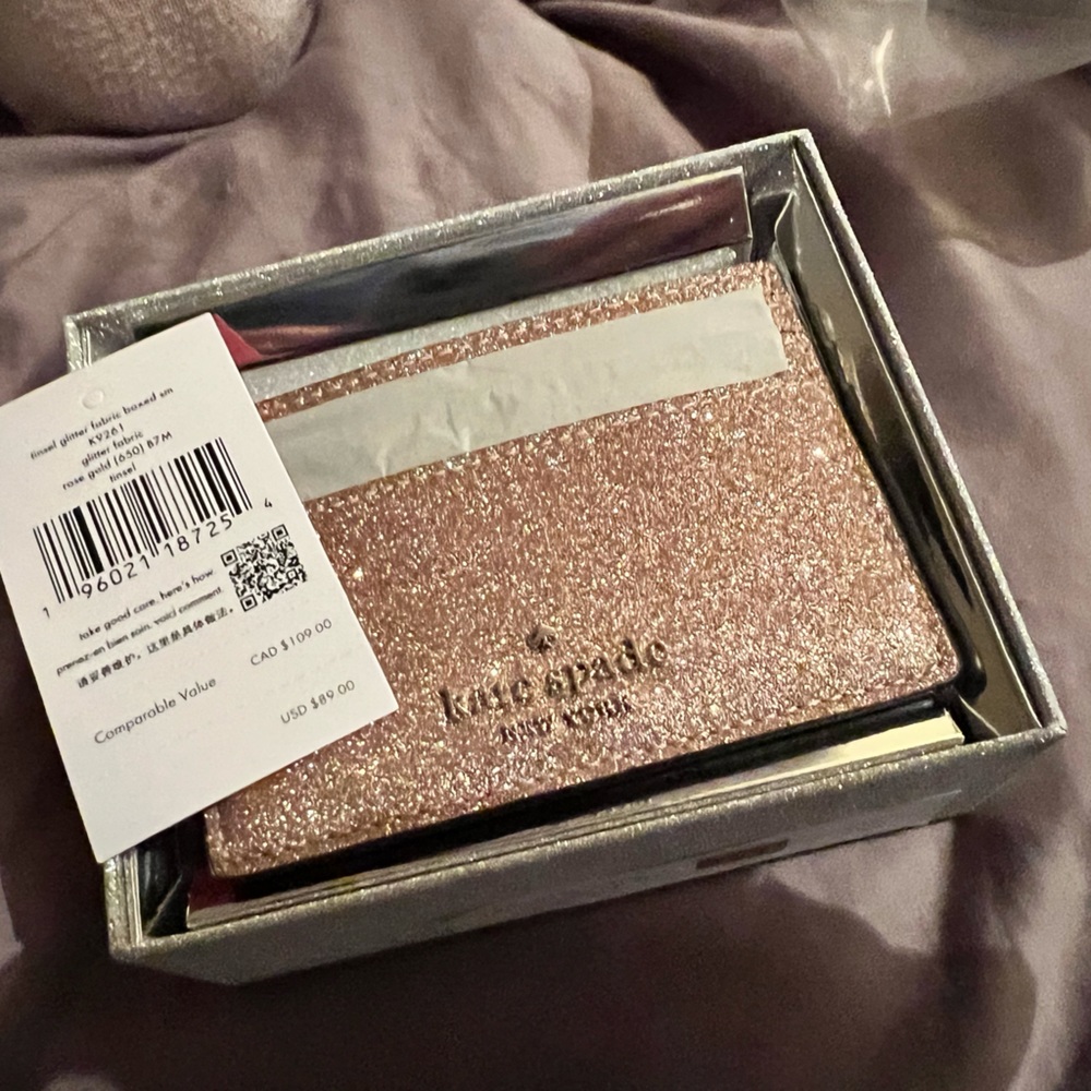 Brand new in box Kate Spade Tinsel glitter Rose gold wallet/card holder